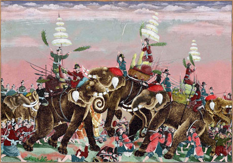 Combat de Naresuan et Minchit Sra, d'après une peinture siamoise du XVIIe ou XVIIIe siècle (Wikipedia)